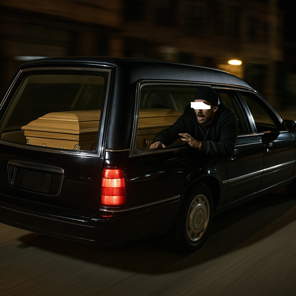 Carro de funerária é roubado e ladrão leva corpo dentro de caixão.