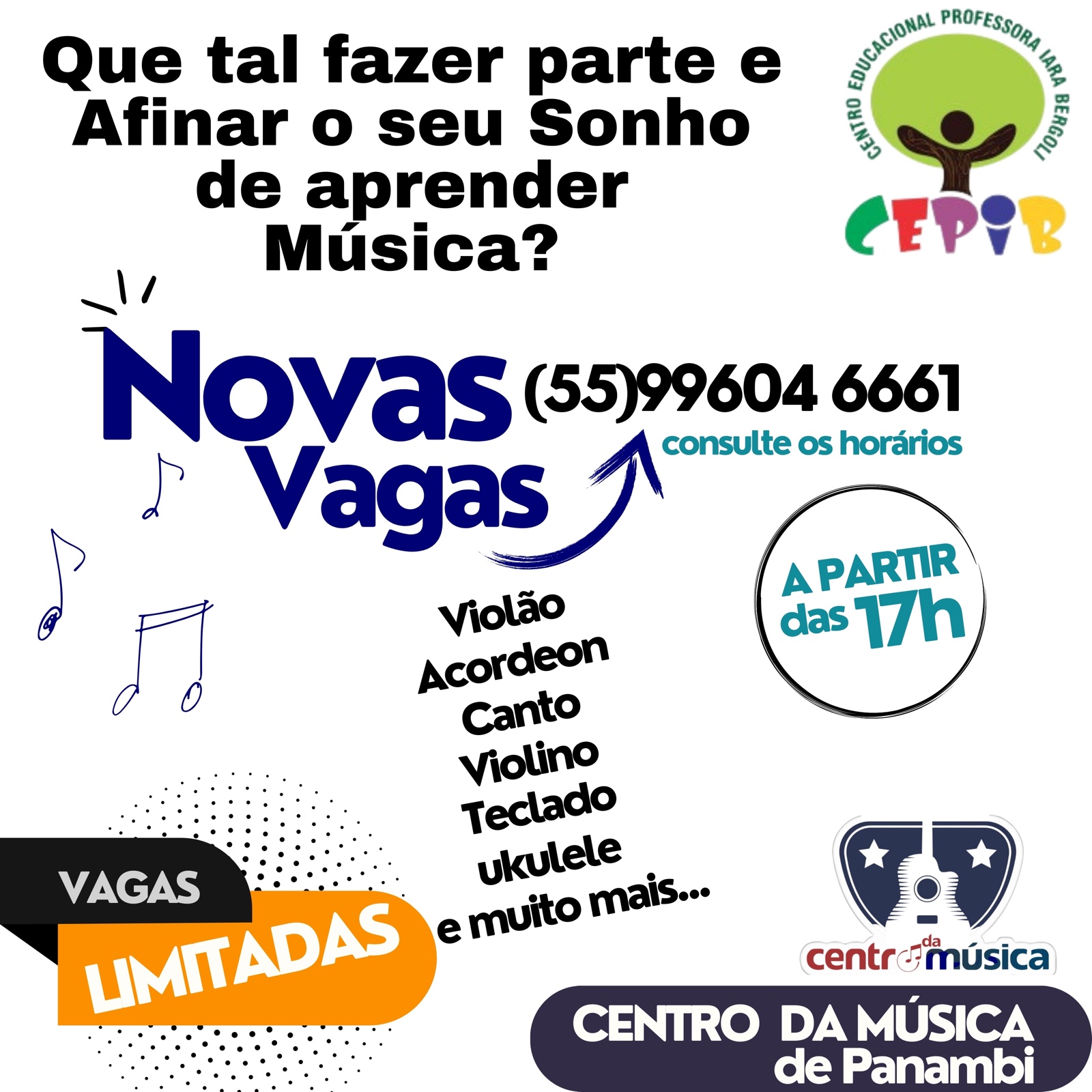 Em Pejuçara: Estão abertas as inscrições para o Projeto "Música para Todos"