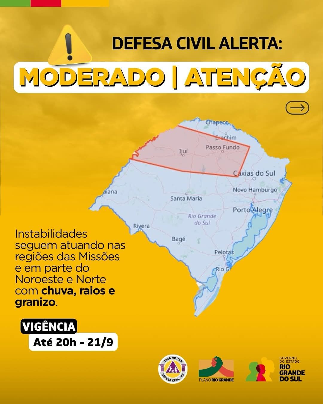 URGENTE: Defesa Civil emite alerta para as Missões, Norte e Noroeste Gaúcho