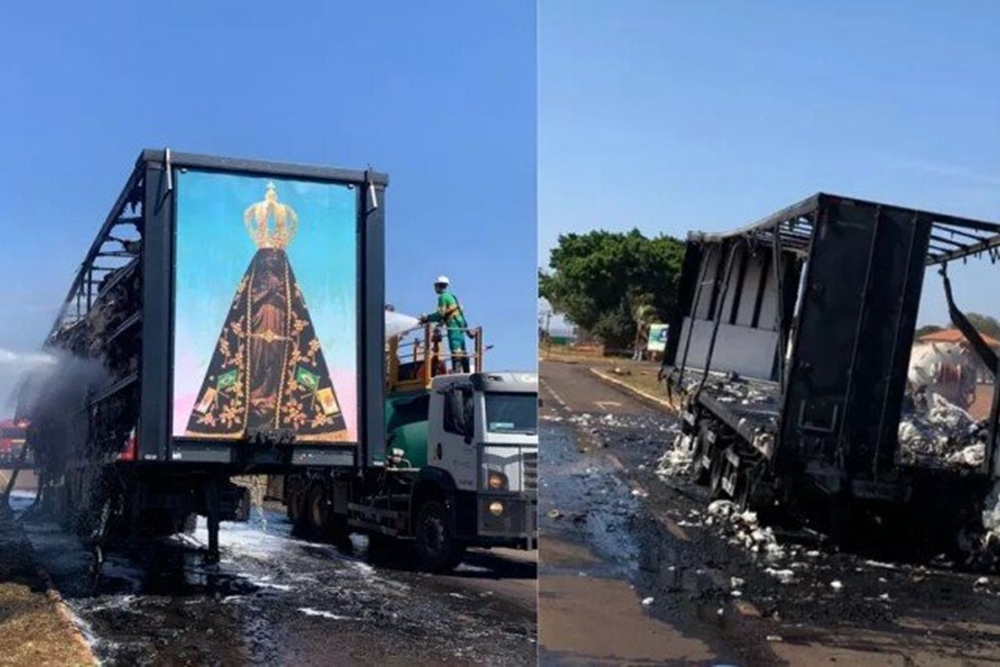 Painel de Nossa Senhora Aparecida fica intacto após fogo destruir carreta de algodão