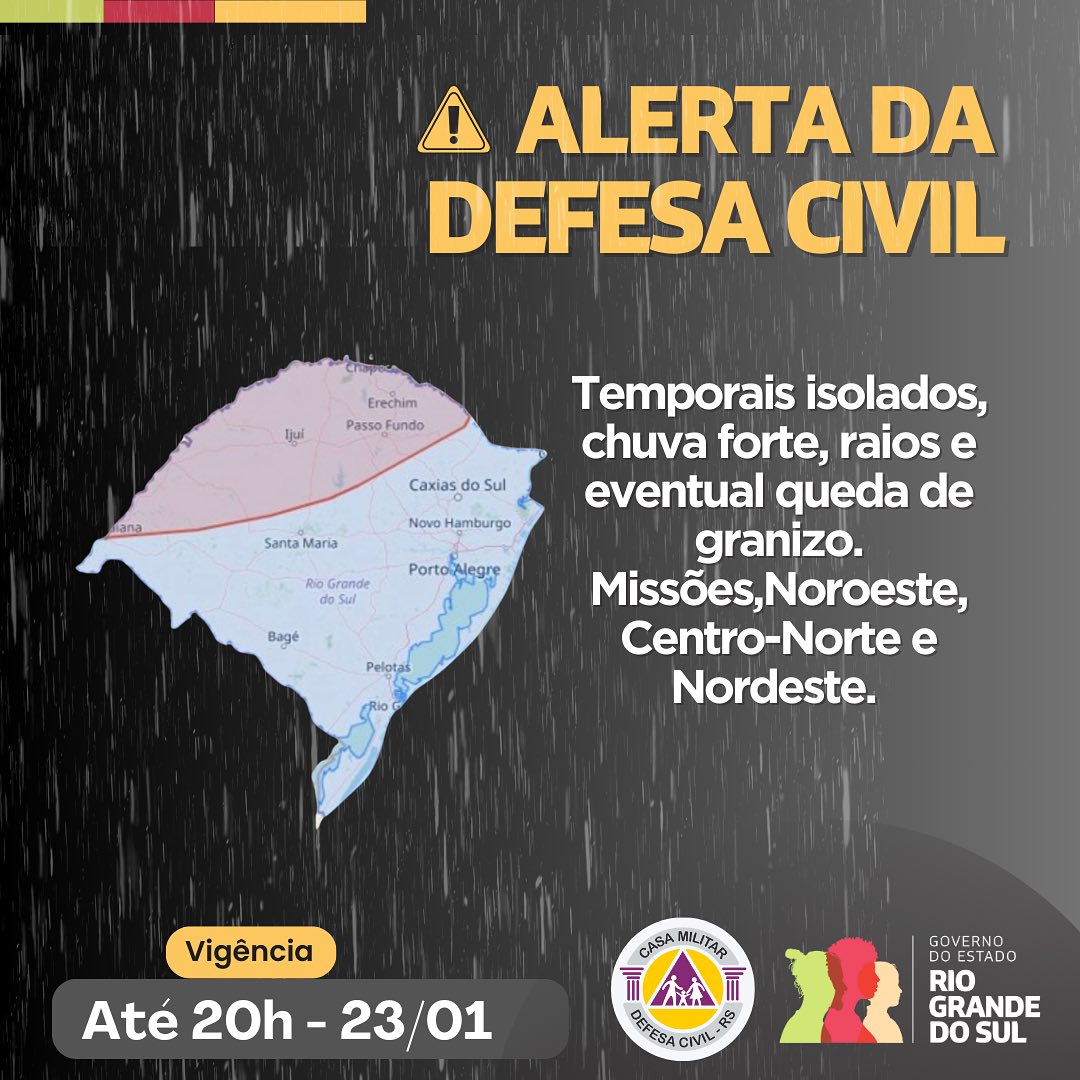 Defesa Civil alerta para temporais isolados, com chuva forte, raios e eventual queda de granizo para o Noroeste do RS
