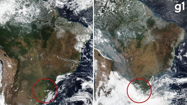 Imagens da Nasa registram ANTES e DEPOIS de fumaça de queimadas se espalhar pelo RS