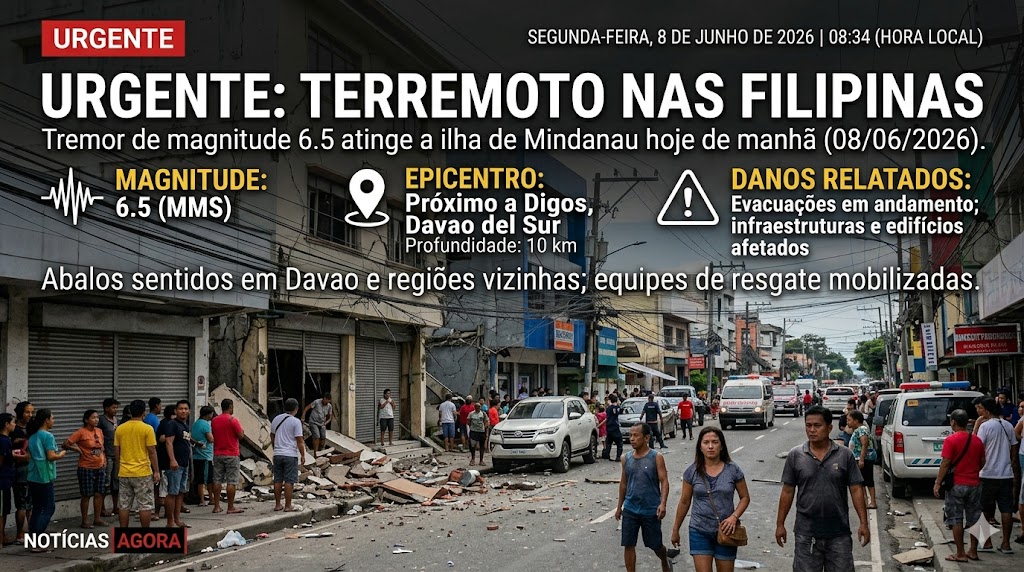 Um forte terremoto de magnitude 7,8 atingiu a ilha de Mindanao, no sul das Filipinas, na manhã desta segunda-feira, 8 de junho de 2026.