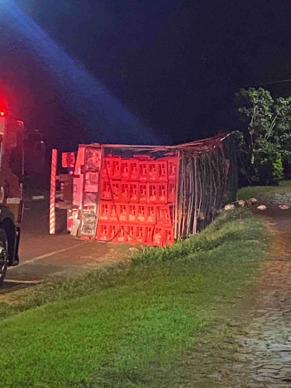 Caminhão carregado de frango tomba na RSC-472 em Tenente Portela