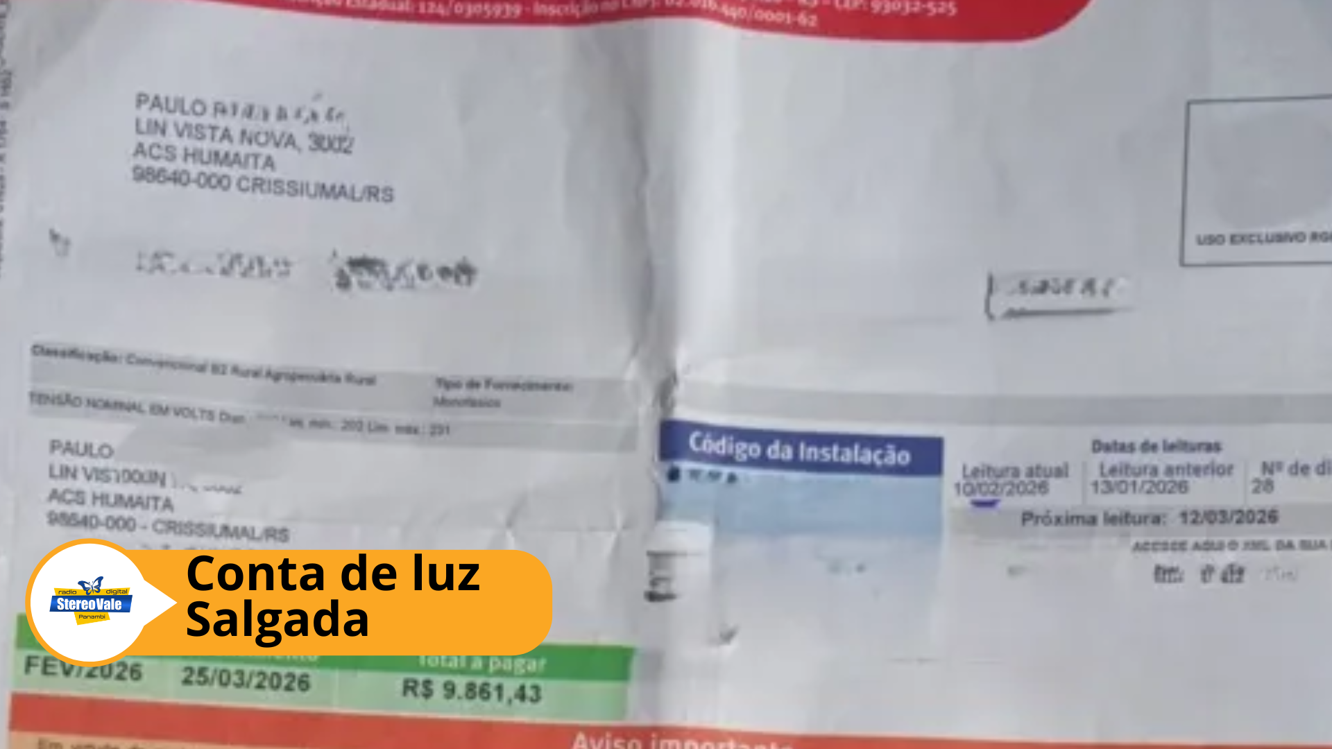 Morador do interior de Crissiumal surpreendido com conta de luz de quase 10 mil reais