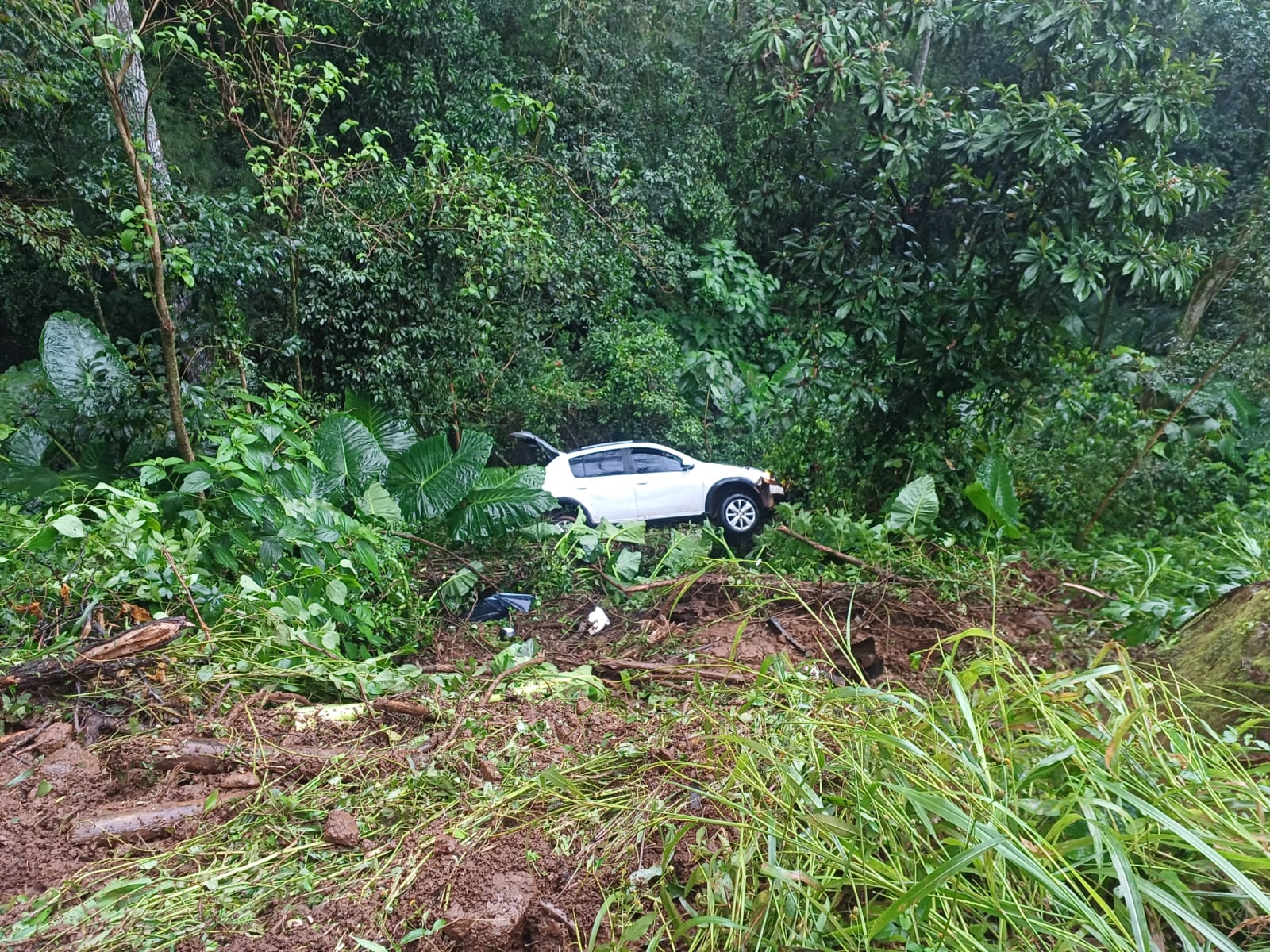 Mãe e filha saem ilesas após carro cair em ribanceira de 15 metros no Oeste de Santa Catarina