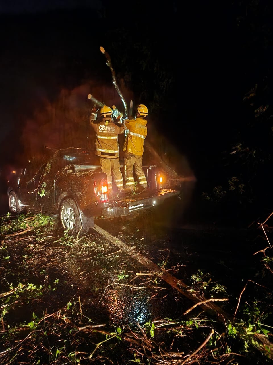 Forte temporal derruba árvore sobre veículo na BR-468, em Campo Novo