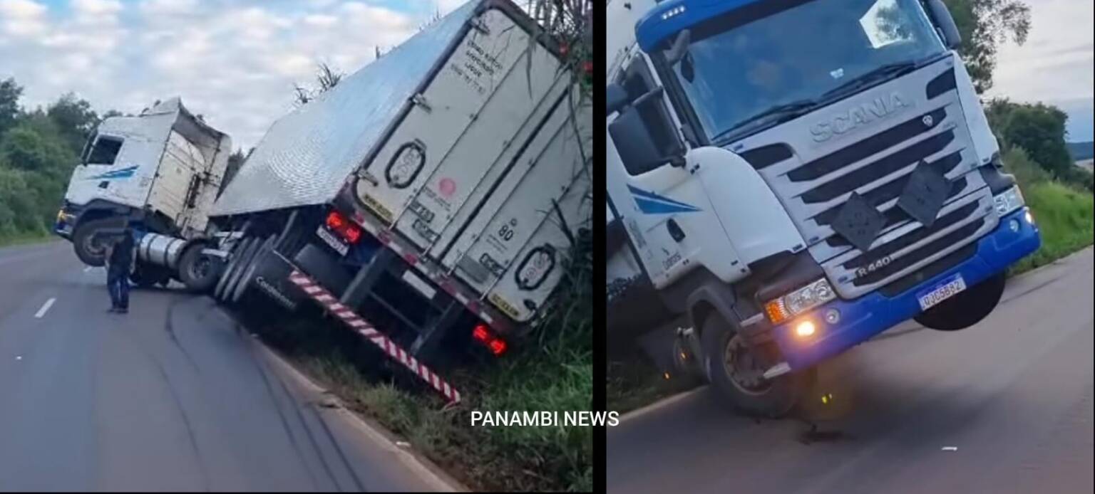 Carreta frigorífica carregada com carne para exportação sai da pista na BR-158 em Panambi