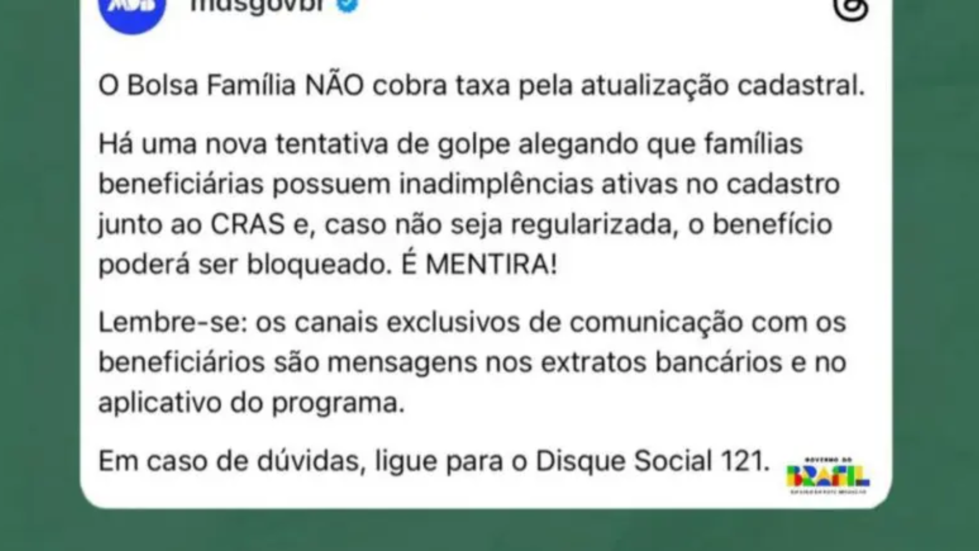 Prefeitura de Panambi alerta: Bolsa Família não cobra taxa alguma pela atualização cadastral.